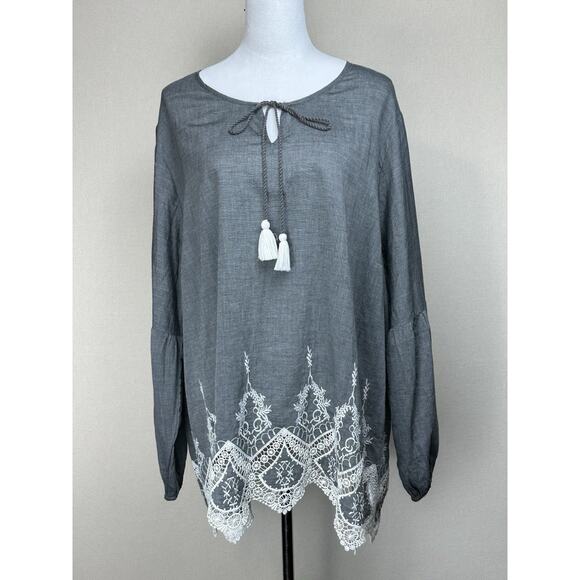 Du Jour Women’s 2XL Gray Peasant Blouse Embroidered Tasseled Cotton - Picture 1 of 14